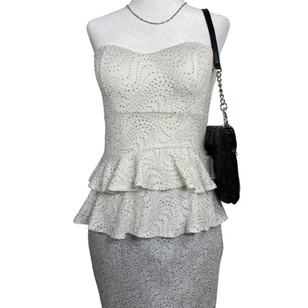 A'Gaci Strapless Peplum Bodycon Dress Women's Small White Silver Glitter Partyโ